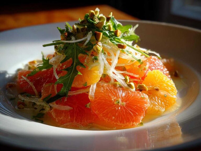 Close-up of a bright citrus salad featuring segmented grapefruit and oranges, topped with arugula, shaved fennel, and chopped pistachios.