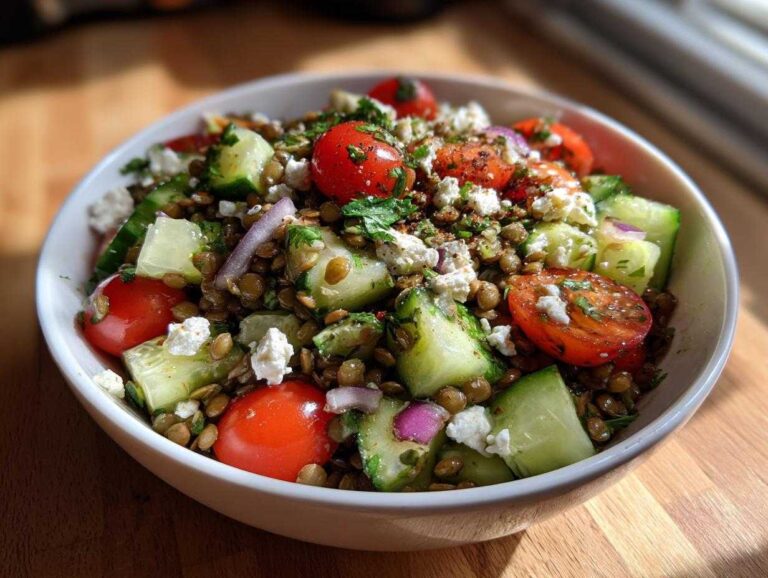 Close-up of a vibrant lentil salad featuring lentils, large cucumber chunks, halved cherry tomatoes, red onion, and crumbled feta cheese.