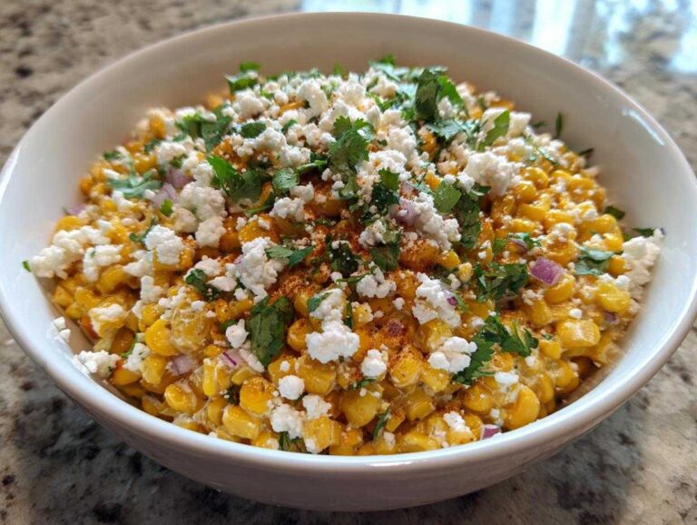 A close-up of a white bowl filled with creamy street corn salad, topped generously with crumbled cotija cheese and fresh cilantro.