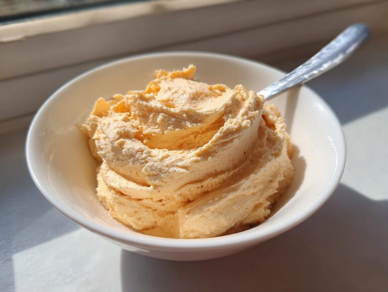 A swirl of light orange, whipped cinnamon butter served in a small white bowl with a spoon.