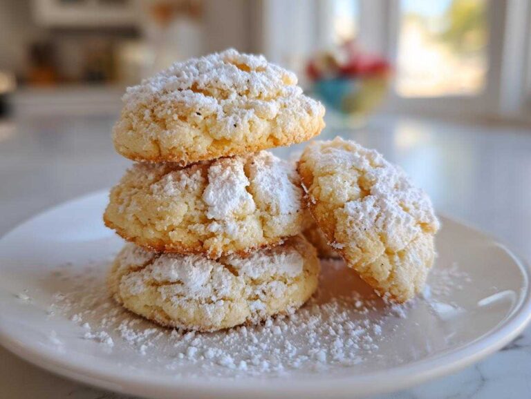 A stack of three crumbly 3-ingredient butter cookies heavily dusted with powdered sugar on a white plate.