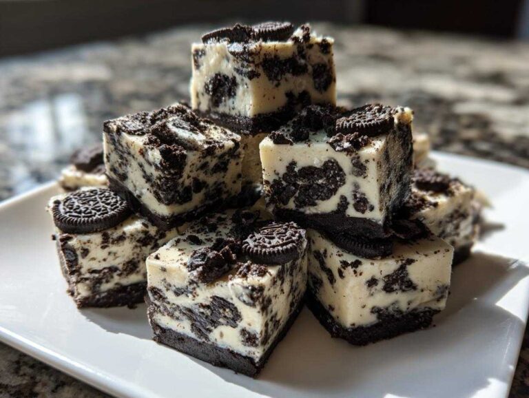 A stack of creamy white Oreo fudge squares loaded with crushed chocolate cookies, sitting on a white plate.
