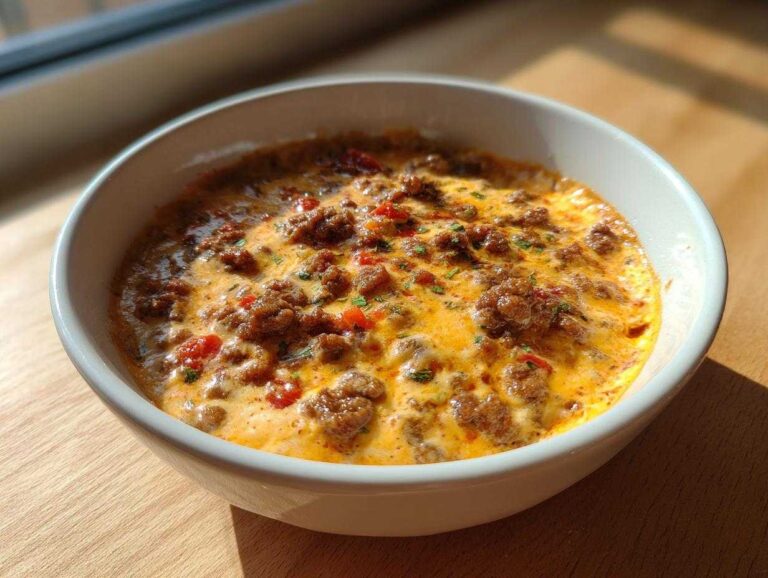 Close-up of a creamy, cheesy rotel dip topped with seasoned ground meat and diced tomatoes in a white serving bowl.