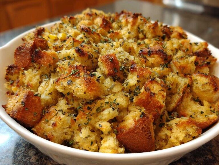 Close-up of perfectly baked, golden brown stuffing topped with dried herbs in a white bowl.