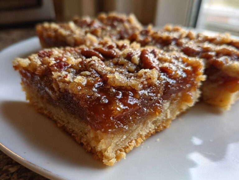 A close-up, angled view of a single serving of gooey pecan pie bars with a thick, buttery crust.