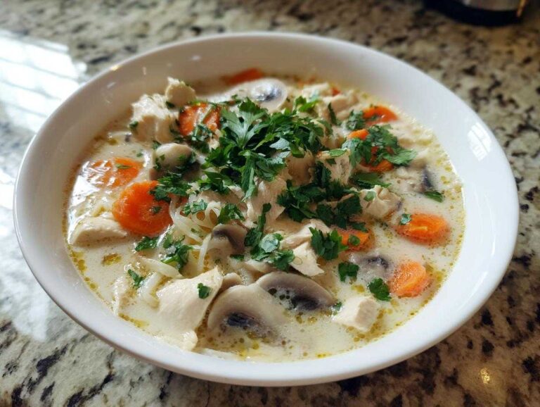 A close-up of a white bowl filled with creamy coconut soup featuring chunks of chicken, sliced carrots, mushrooms, and fresh parsley.
