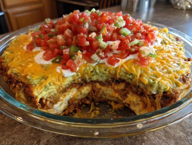 Close-up of a baked 7 layer dip in a glass dish showing layers of meat, cheese, guacamole, sour cream, and pico de gallo.