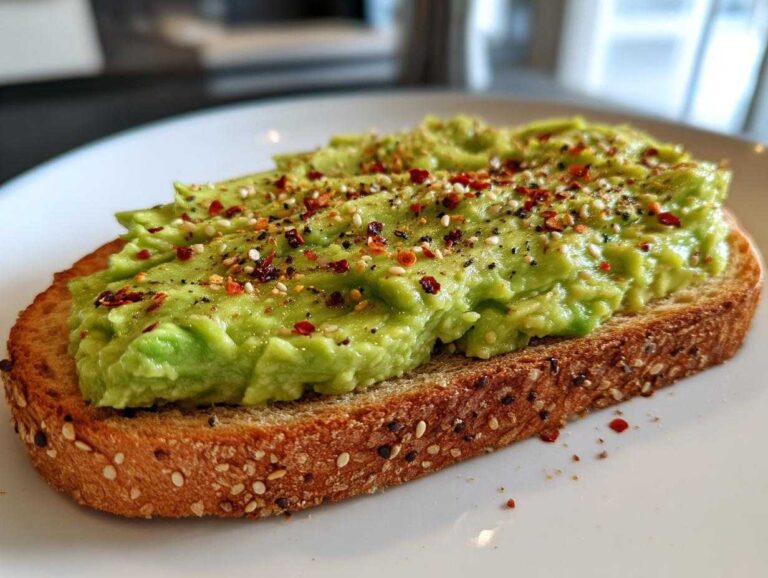 Close-up of delicious avocado toast on multigrain bread, topped generously with everything bagel seasoning and red pepper flakes.
