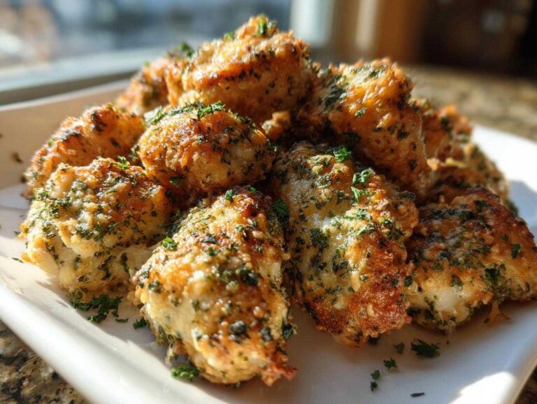 A pile of golden brown, crispy chicken bites seasoned generously with green herbs, served on a white plate.
