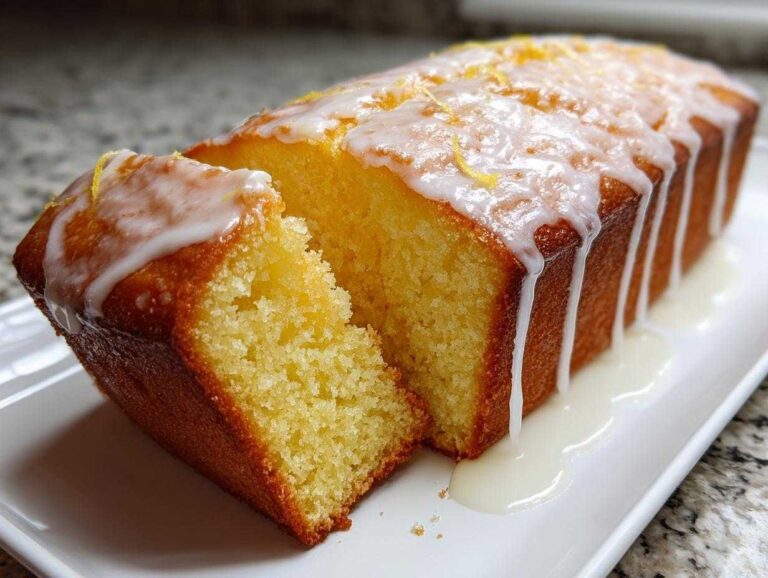 A slice cut from a moist lemon pound cake topped with a thick, dripping lemon glaze and zest.