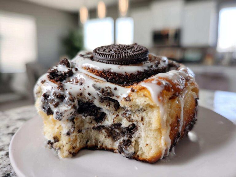 Close-up of an amazing oreo cinnamon rolls, drizzled with icing and topped with crushed and whole Oreo pieces.