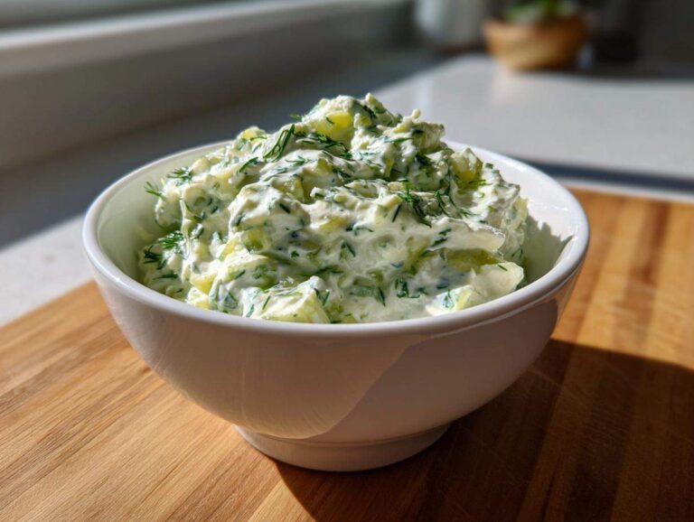 A bright, close-up shot of creamy, chunky pickle dip topped with fresh dill in a white bowl.