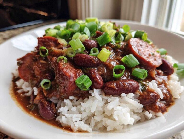 A close-up bowl of amazing red beans and rice topped with sliced sausage and fresh green onions.