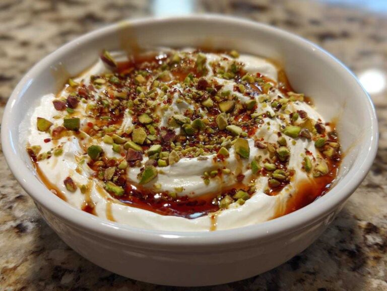 Close-up of a creamy white ricotta dip topped with chopped pistachios and a drizzle of amber-colored honey or syrup.
