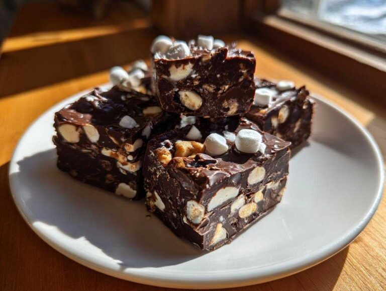 Four squares of rich, dark rocky road fudge loaded with marshmallows and nuts, sitting on a white plate.