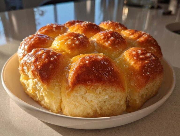 A cluster of golden brown, glossy sourdough discard rolls baked together in a white dish.