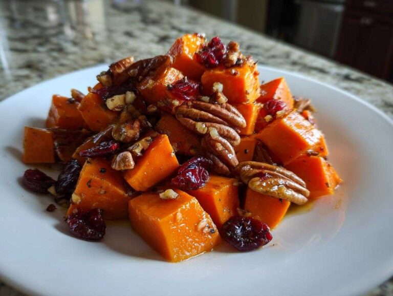 Close-up of bright orange cubes in a sweet potato salad, topped with whole pecans and dried cranberries.