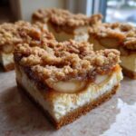 A close-up view of a rich apple cheesecake bars slice showing the graham cracker crust, creamy filling, apple layer, and crumb topping.