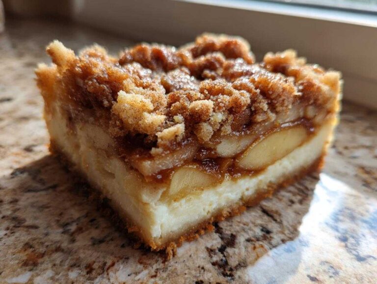 A close-up, side view of a single serving of apple cheesecake bars showing the creamy cheesecake layer, apple filling, and crumb topping.