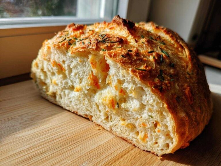 A freshly baked loaf of artisan bread, cut open to show the fluffy interior with visible herbs and cheese, resting on a wooden board.