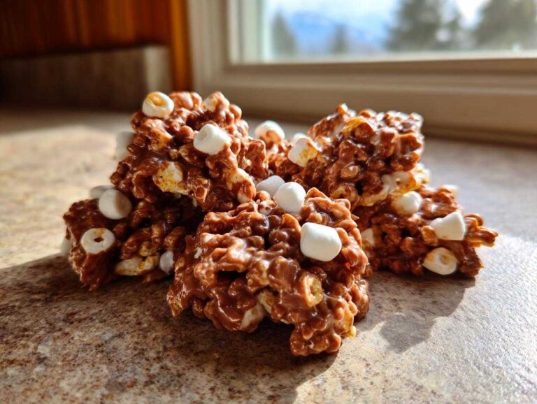 A cluster of rich, chocolatey avalanche cookies studded with mini marshmallows sits on a countertop.