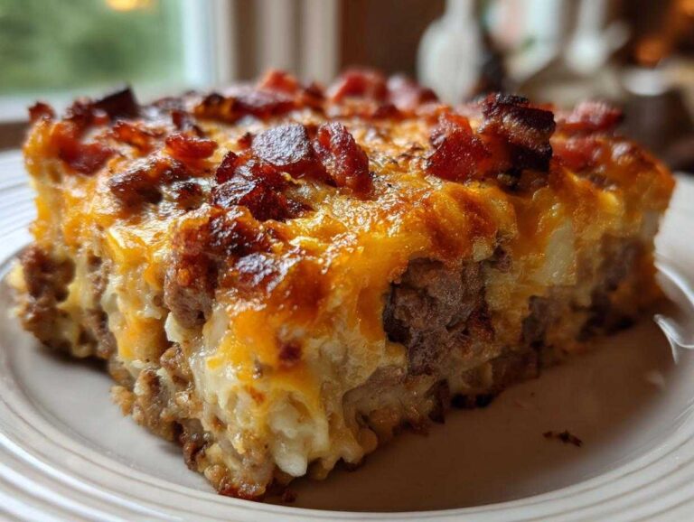 A close-up slice of bacon cheeseburger casserole topped with melted cheddar and crispy bacon pieces.