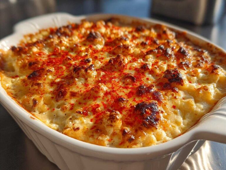 Close-up of hot, baked street corn dip in a white dish, topped with browned cheese and bright red paprika.