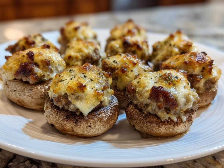 A plate of freshly baked, cheesy stuffed mushrooms recipe, golden brown and bubbling.