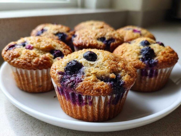 A close-up of several golden-brown blueberry protein muffins served on a white plate.