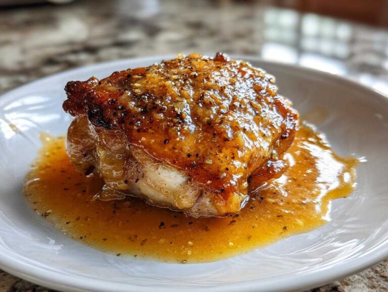 A single, perfectly cooked braised chicken thigh with crispy skin covered in a savory glaze, resting in sauce.