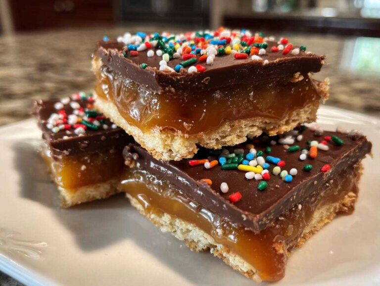 Three stacked caramel ritz cracker christmas cookies featuring a shortbread base, thick caramel layer, and chocolate topping with sprinkles.