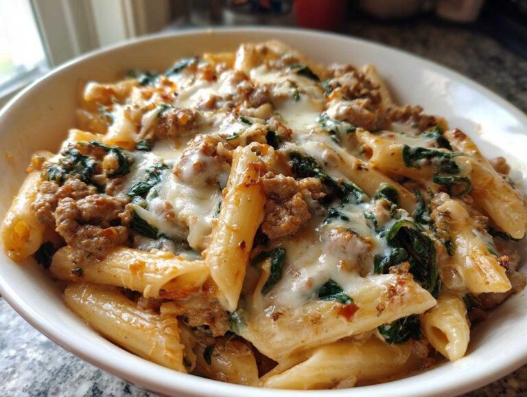 Close-up of baked ground turkey pasta featuring penne, melted cheese, and wilted spinach in a white bowl.