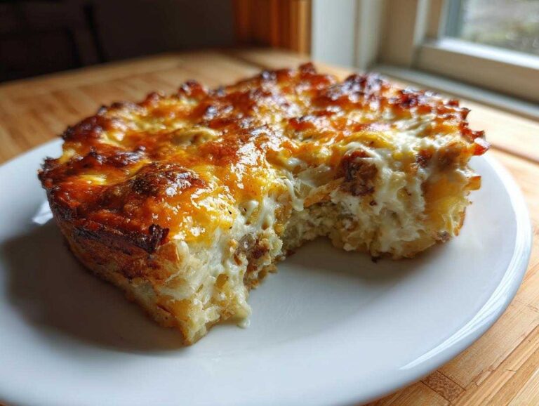 A close-up of a portion of cheesy potato casserole with a deeply browned, bubbly cheese crust.