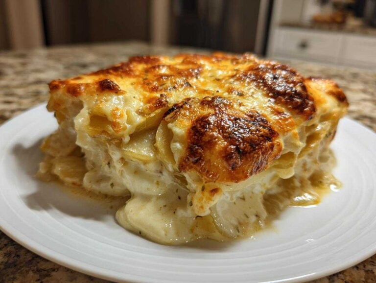 A rich, golden-brown slice of cheesy scalloped potatoes with creamy sauce oozing onto a white plate.