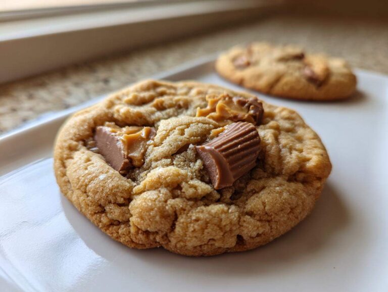 A close-up of a freshly baked, chewy peanut butter cup cookies topped with chunks of peanut butter cups.