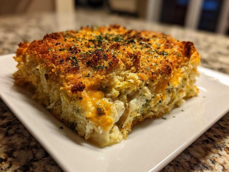 A square serving of creamy Chicken Divan casserole with a golden, crunchy topping sprinkled with herbs.