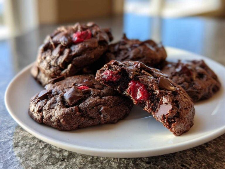 A stack of rich, dark chocolate cherry cookies on a white plate, one cookie broken open to show the gooey center and bright red cherries.