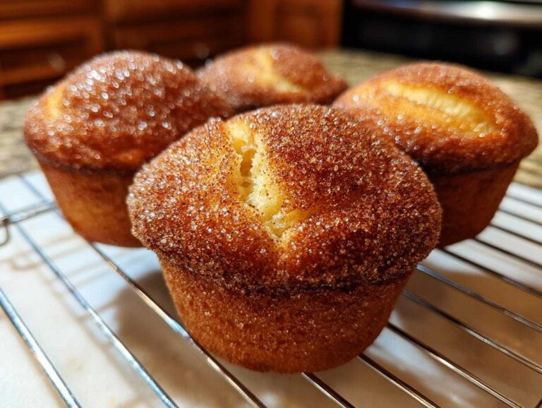 Four golden brown cinnamon sugar french toast muffins cooling on a wire rack, heavily coated in sparkling cinnamon sugar.