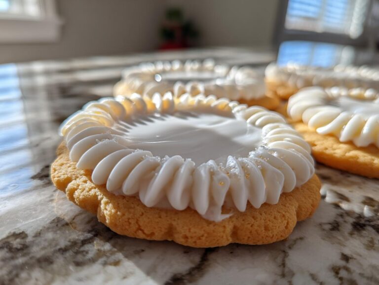 Close-up of a sugar cookie topped with smooth white icing and piped border, showcasing the perfect cookie icing recipe.