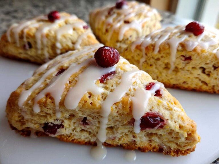 Close-up of delicious cranberry orange scones topped with white icing drizzle and a single cranberry.