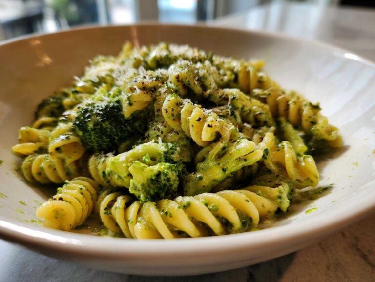Close-up of creamy broccoli pasta made with fusilli noodles, tossed in a green sauce and topped with grated cheese.