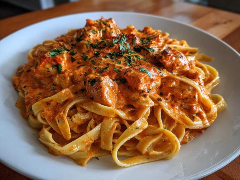 A close-up shot of fettuccine pasta coated in a rich, orange-hued creamy cajun chicken pasta sauce, topped with chicken pieces and parsley.