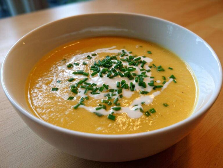 A close-up of a creamy, orange-yellow bowl of cheese soup topped with sour cream swirl and fresh chives.