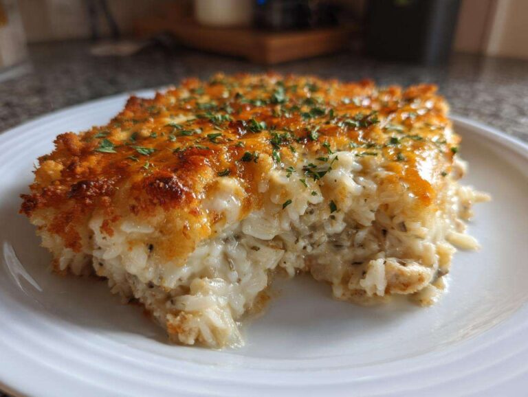 A square serving of creamy chicken wild rice casserole with a golden, cheesy crust, garnished with parsley.