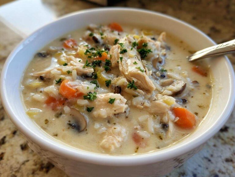 Close-up of a creamy chicken wild rice soup with carrots and mushrooms, garnished with parsley.