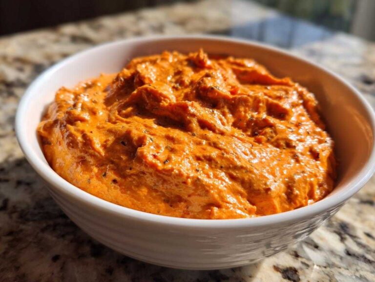 Close-up of a thick, creamy, bright orange chili cheese dip served in a white bowl.