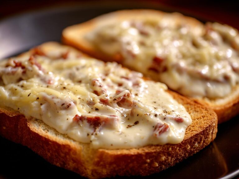 Two slices of toasted bread topped with creamy chipped beef on toast mixture and melted cheese, seasoned with pepper.