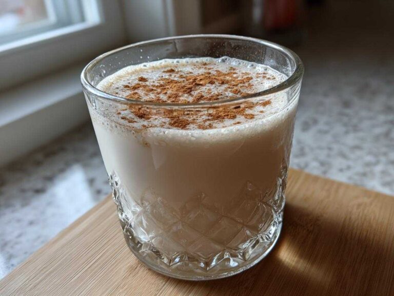 A glass of creamy coquito topped generously with ground cinnamon, ready to serve.