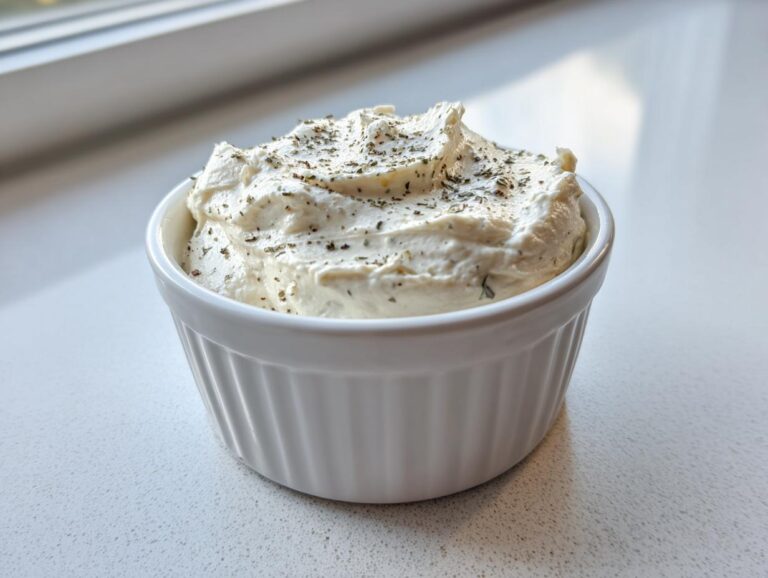 A small white ramekin filled with creamy horseradish sauce for prime rib, topped with dried herbs.