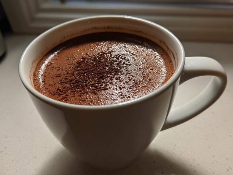 Close-up of a rich, creamy hot chocolate topped with cocoa powder in a white mug.